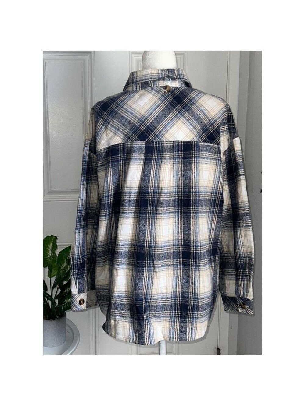 Women's Mittoshop Plaid Shacket L Blue White - Picture 3 of 9